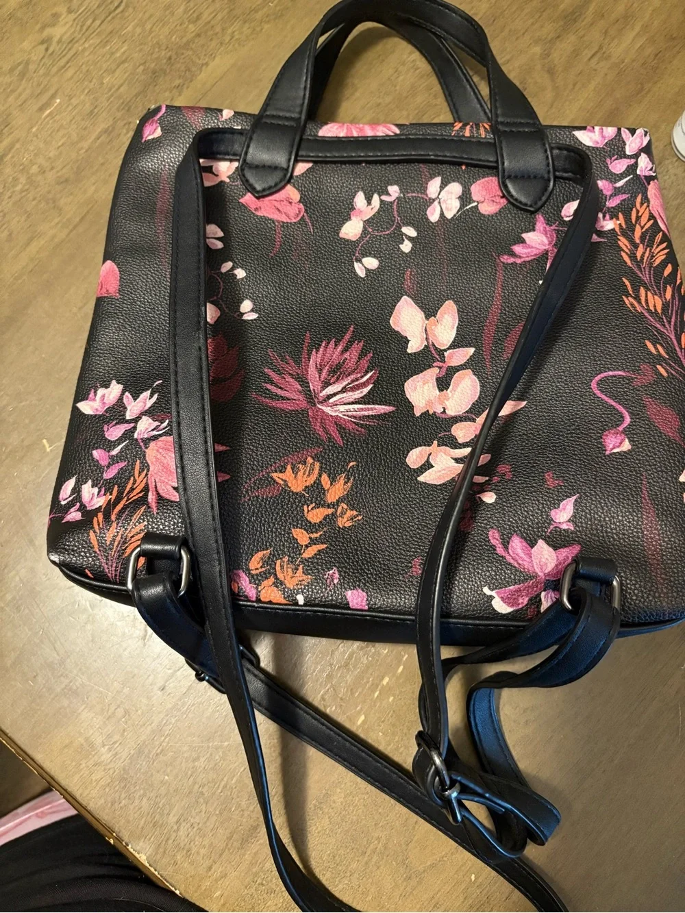 Floral Print Black Tote Bag with Pink Accents